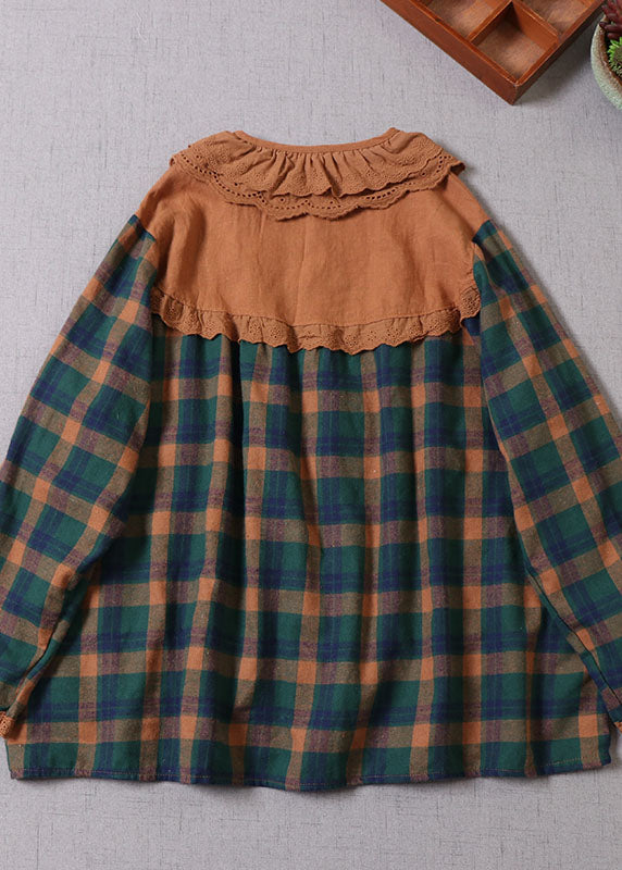 Green Embroideried Plaid Cotton Shirt Top Spring