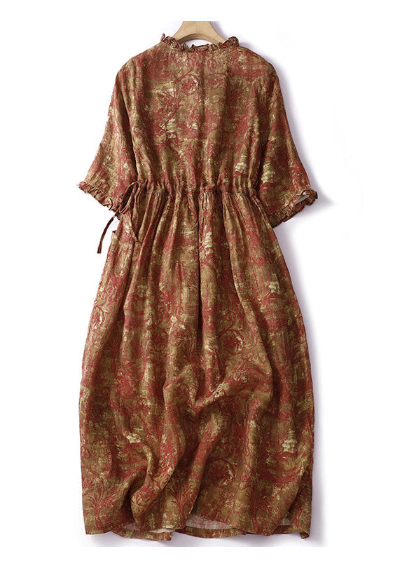 Navy Blue Ruffled Patchwork Print Drawstring Maxi Dresses Short Sleeve