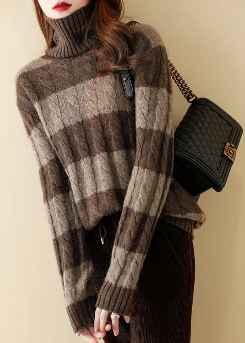 Coffee Striped Hign Neck Thick Patchwork Knit Short Sweater Fall