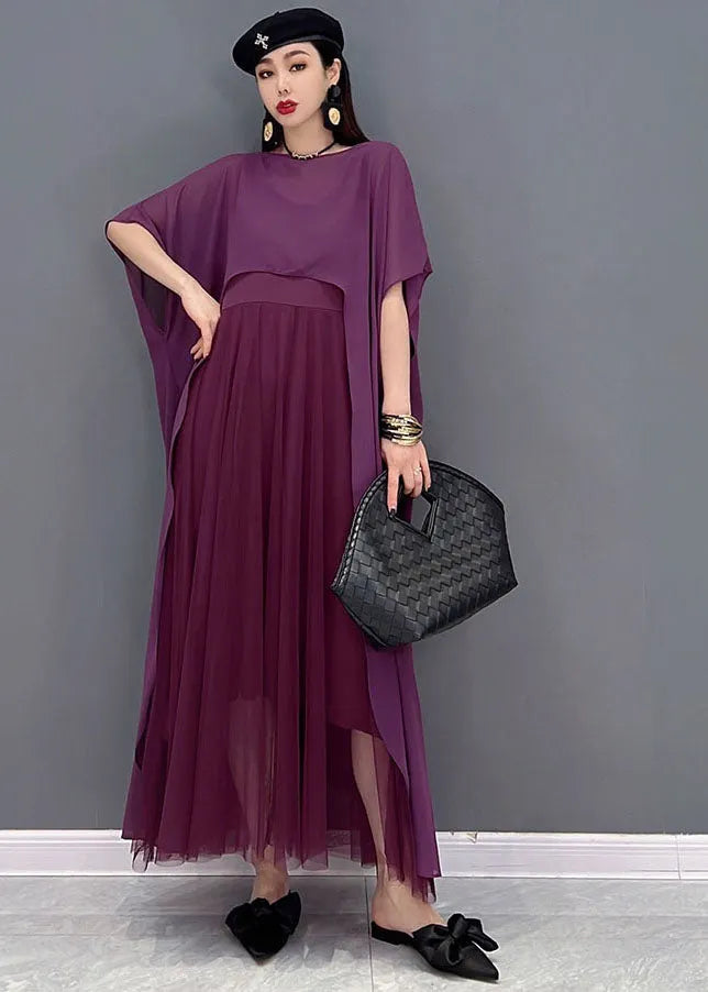 French Purple Asymmetrical Design Chiffon Dress and Cloak Two Pieces Set Summer