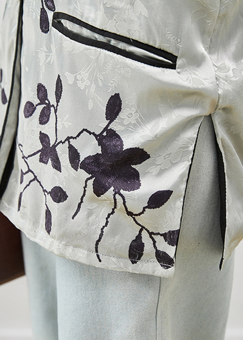 Grey Mandarin Collar Jacquard Silk Shirts Spring