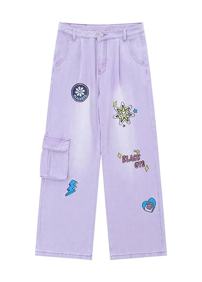 Italian Pink Embroideried Pockets Denim Wide Leg Pants Spring