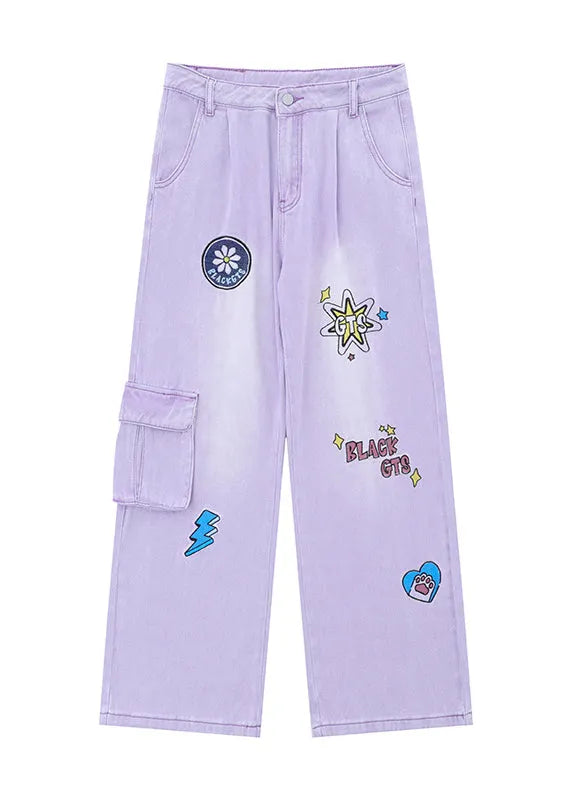 Italian Pink Embroideried Pockets Denim Wide Leg Pants Spring