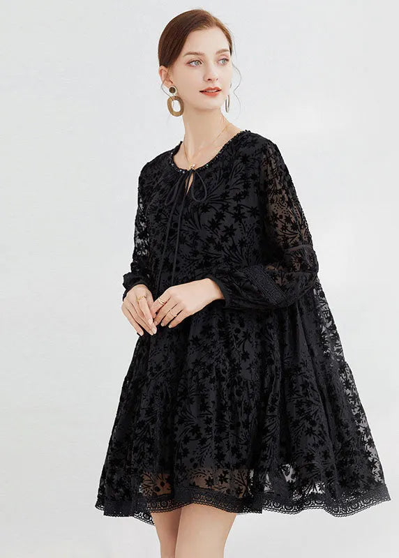 Black Silk Velour Dresses O-neck Hollow Out Long Sleeve