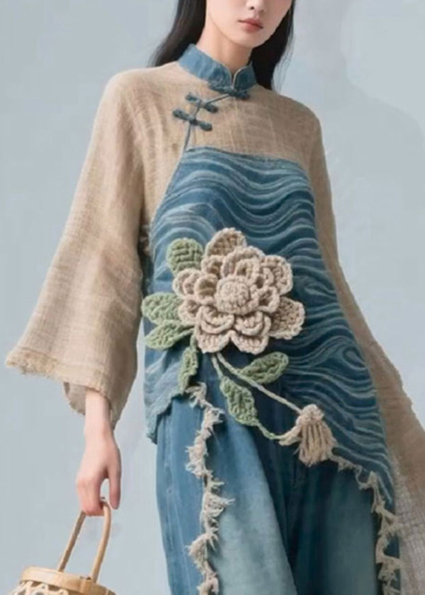 Colorblock Stand Collar Linen Patchwork Blouse Fall