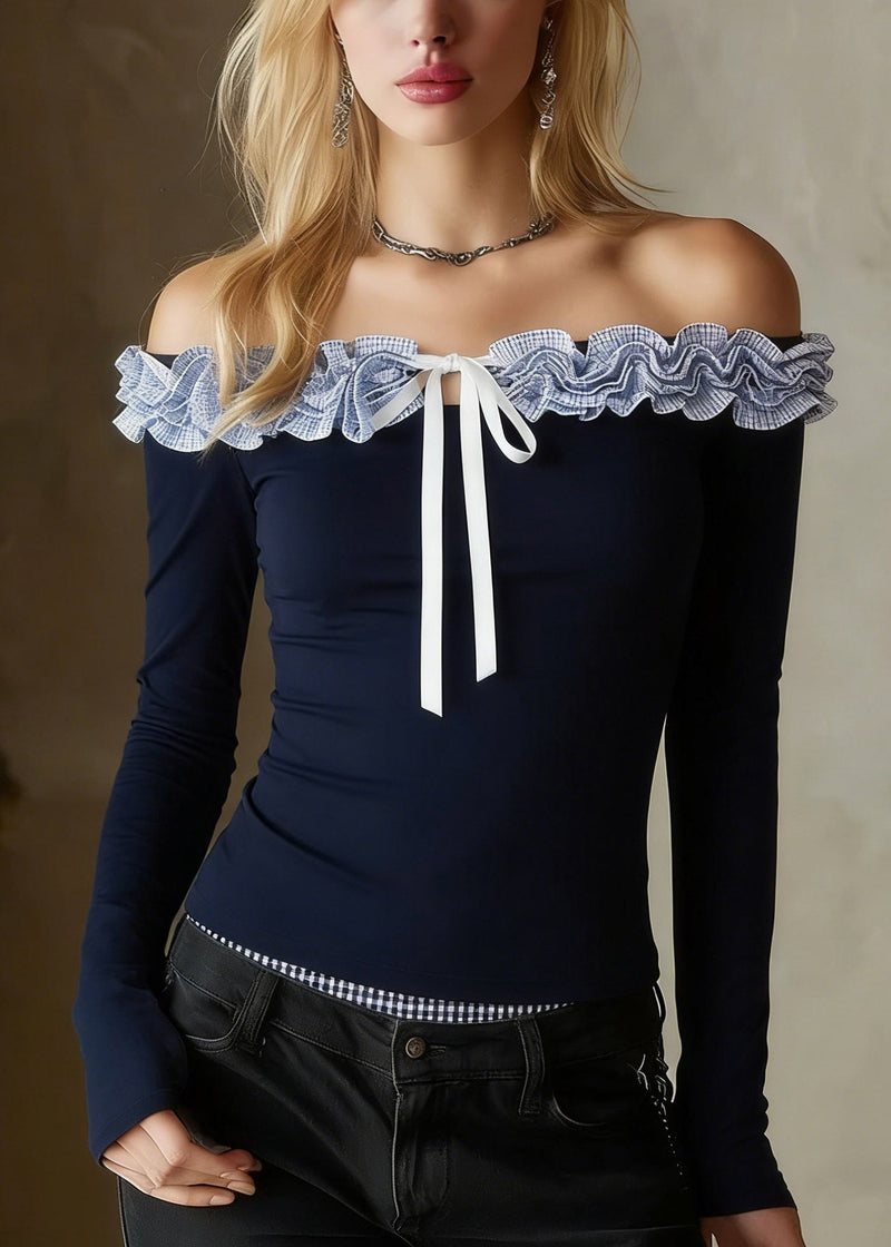Slim Fit Navy Ruffled Patchwork Top Spring
