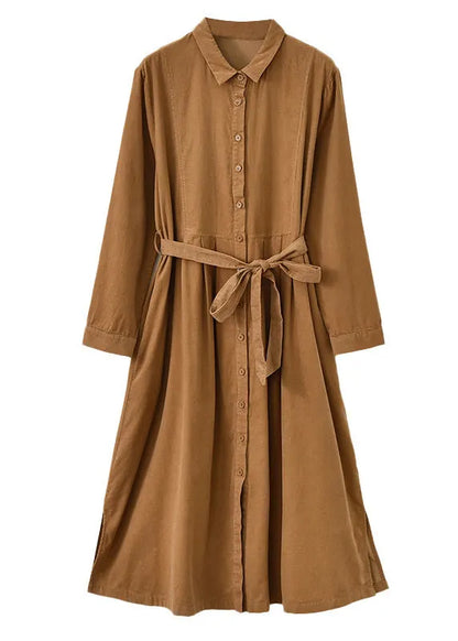 New Light Camel Button Tie Waist Patchwork Corduroy Shirts Dress Fall