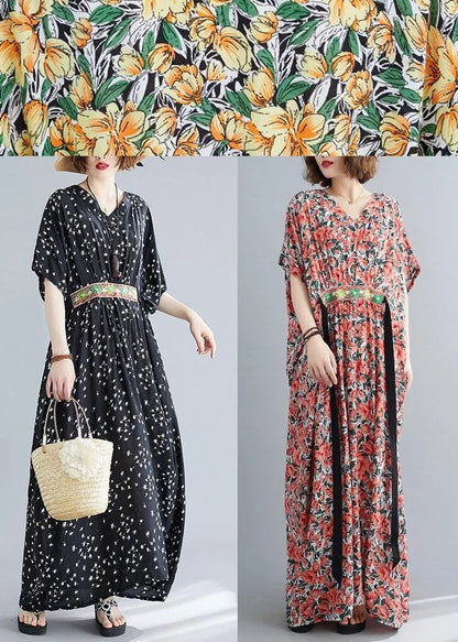 Art Black Print Cotton Cinched Summer Maxi Dress