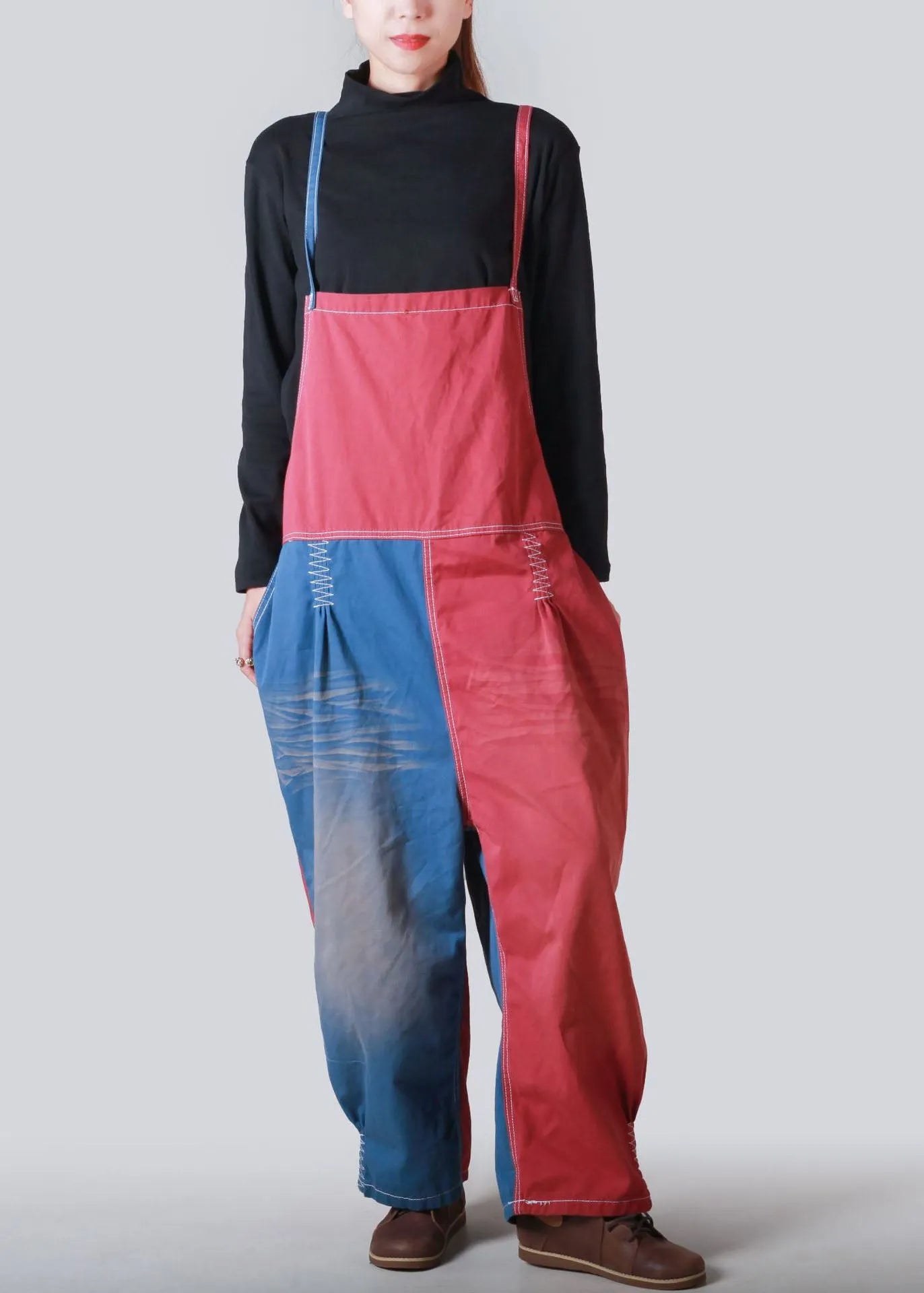 French Green Patchwork Wrinkled Loose Denim Jumpsuit Summer
