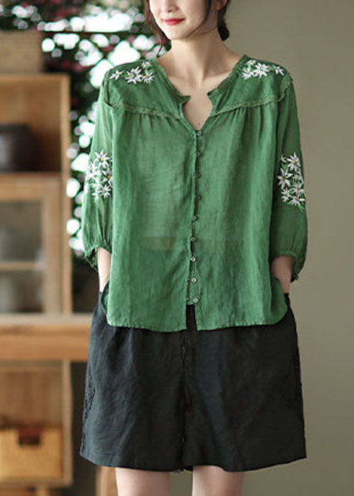 Green V Neck Embroideried Linen Top Bracelet Sleeve