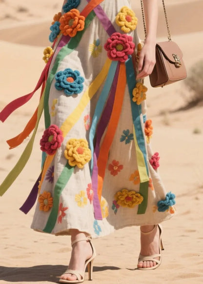 Art Multicolour Decorated Ribbon Cotton Sundress Summer