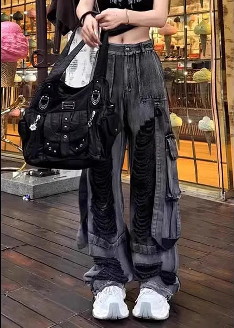 Original Design Black Oversized Denim Ripped Pants Fall