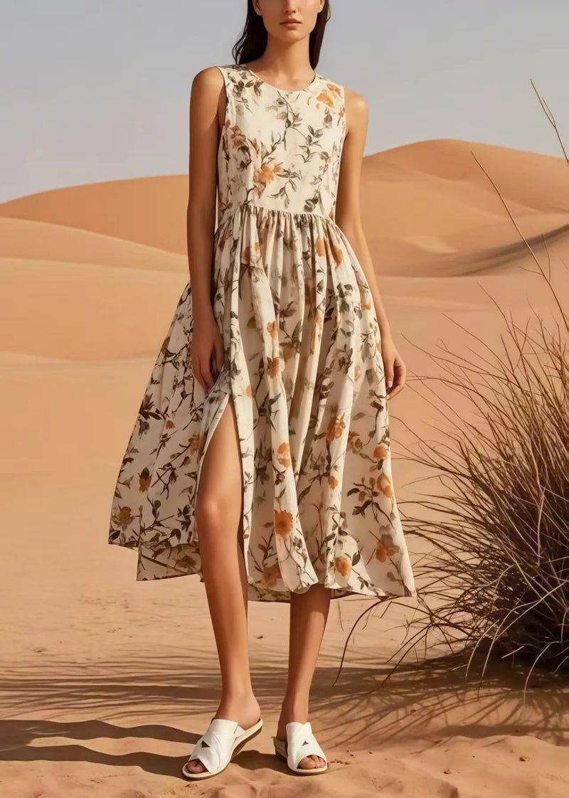 Apricot Print Side Open Cotton Long Dress Sleeveless