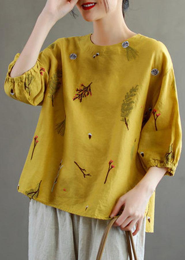 Pink O-neck Embroideried Summer Linen Blouses