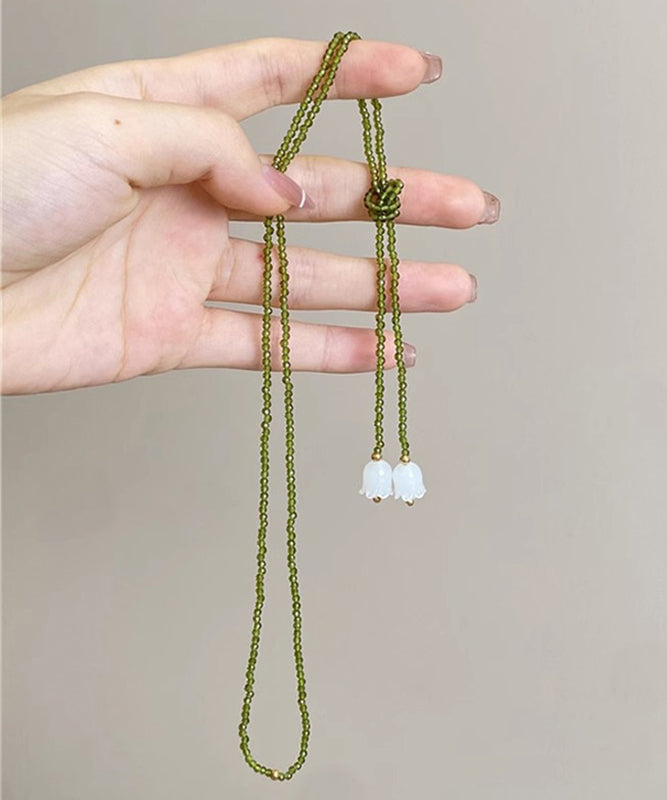 Handmade Green Weave Crystal Lily of the Valley Beading Pendant Necklace