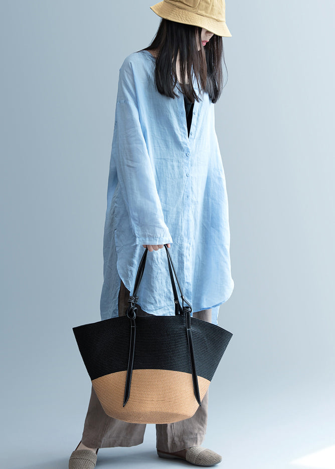 Handmade Blue Asymmetrical Linen Blouses Spring