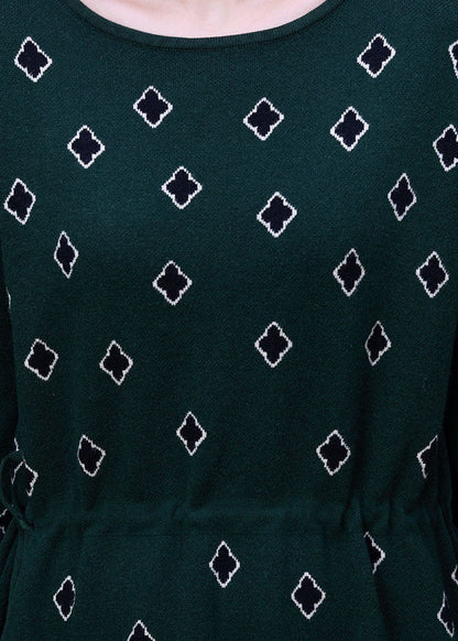 Slim Fit Green O-neck Drawstring Print Knit Long Dress Long Sleeve