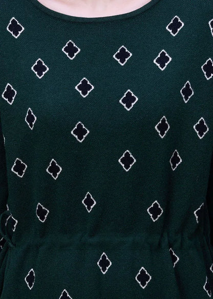 Slim Fit Green O-neck Drawstring Print Knit Long Dress Long Sleeve