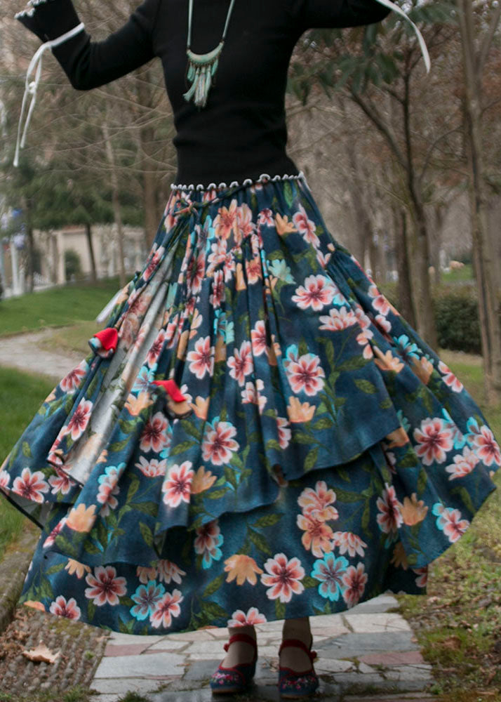 Green Wrinkled Asymmetrical Print Patchwork Cotton Skirts Fall