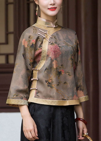 Oriental Chocolate Stand Collar Button Print Silk Blouse Tops Spring