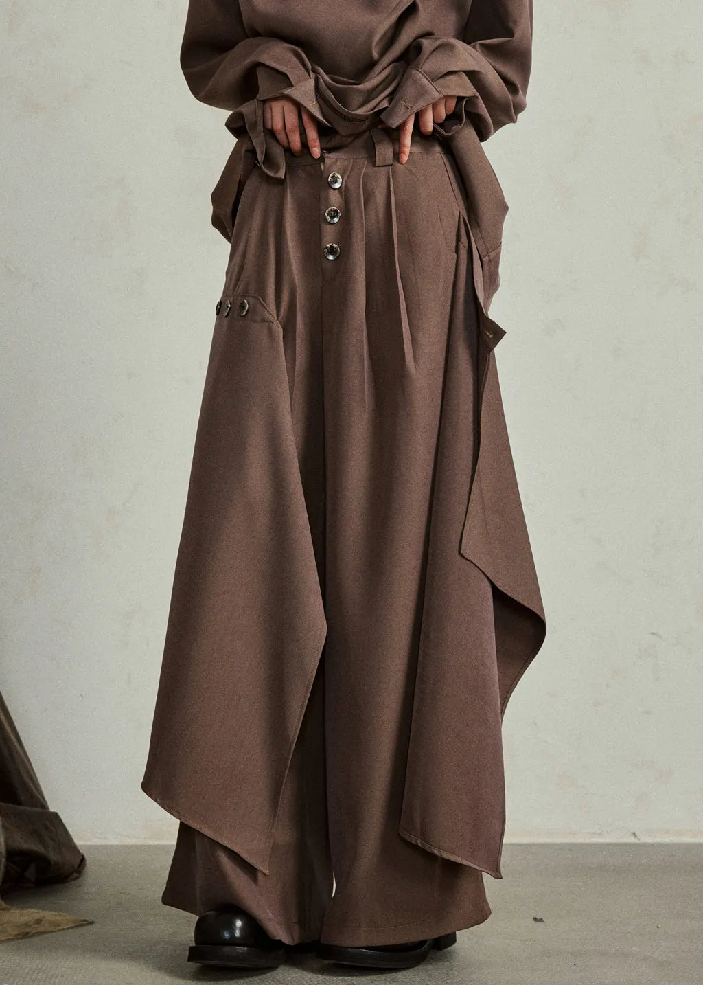 Coffee Pockets High Waist Cotton Pants Skirt Asymmetrical