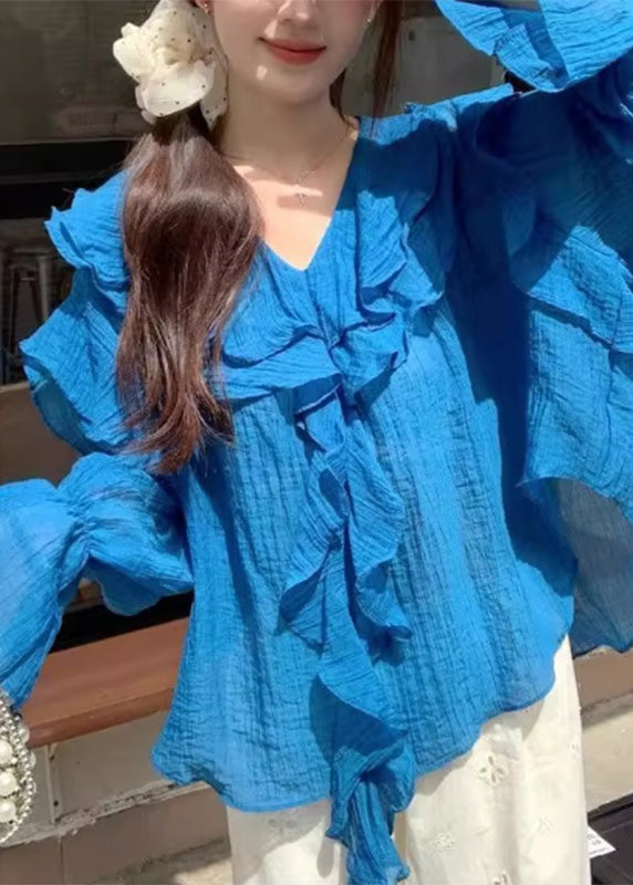 Blue Tops V Neck Asymmetrical Patchwork Fall