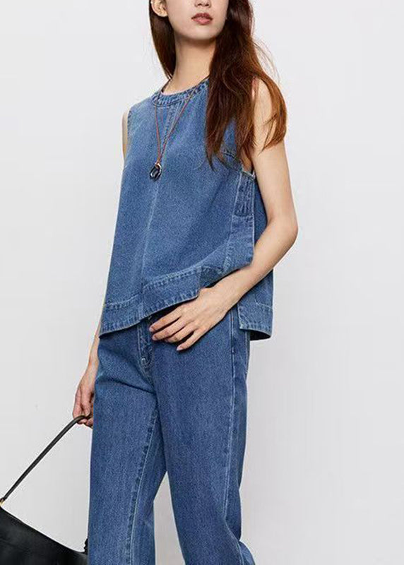 Blue Patchwork Denim Top and Jeans Two Pieces Set Sleeveless