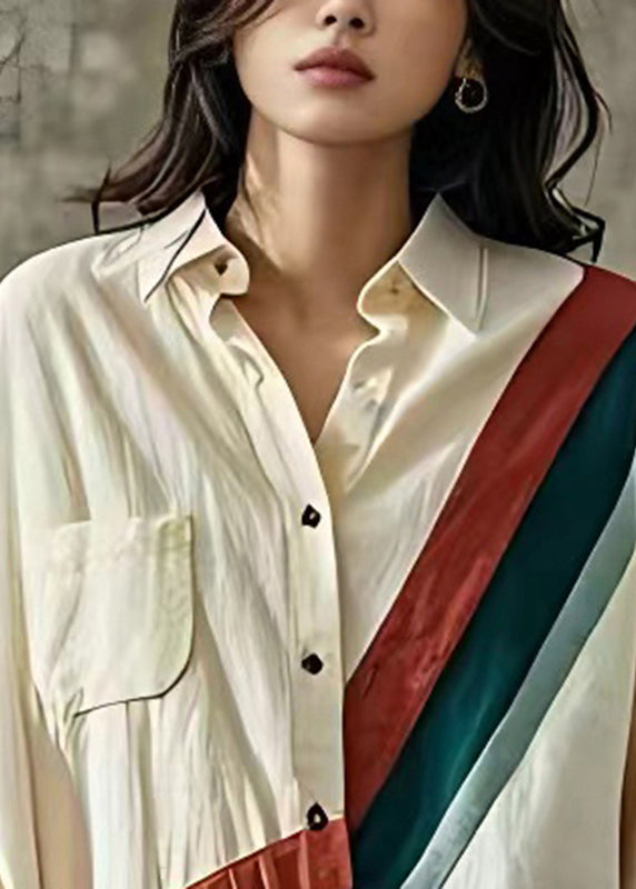 Apricot Peter Pan Collar Striped Patchwork Top Long Sleeve