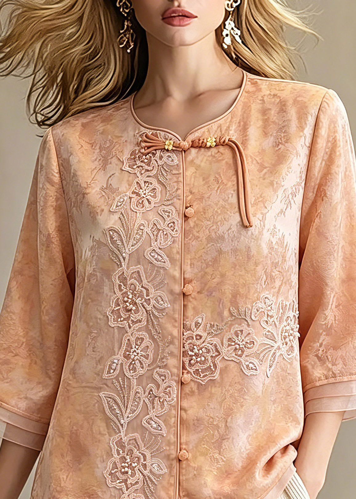 Orange Embroidered Patchwork Button Shirts Spring