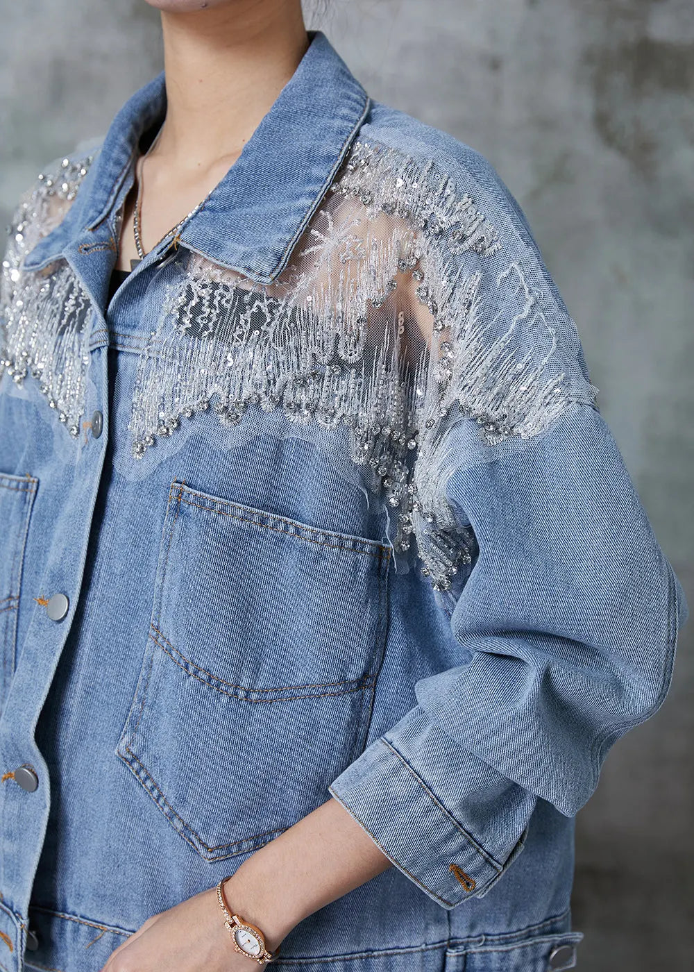 Blue Hollow Out Pockets Denim Coats Spring