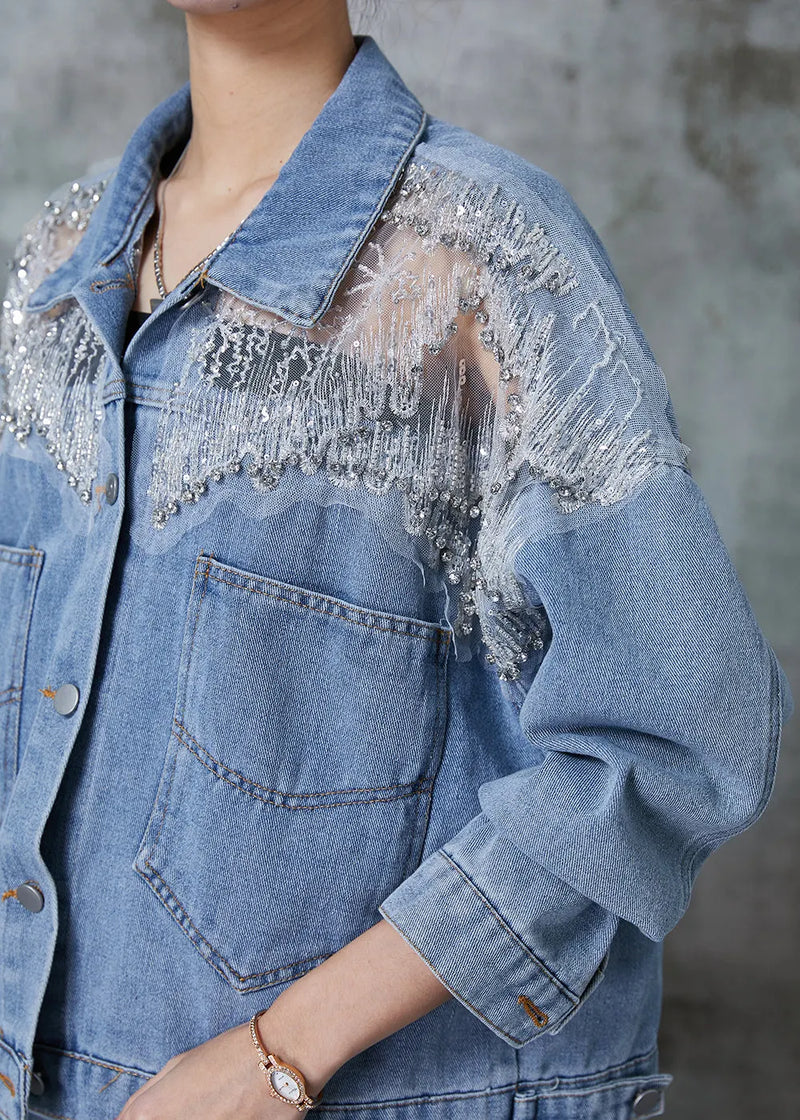 Blue Hollow Out Pockets Denim Coats Spring