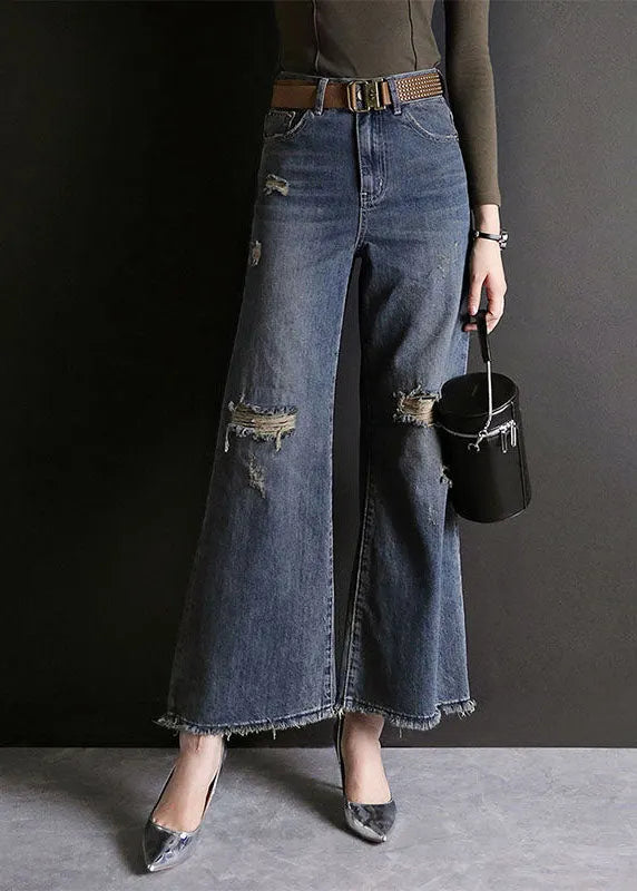 Blue High Waist Hole Pockets Cotton Denim Flare Pants Summer