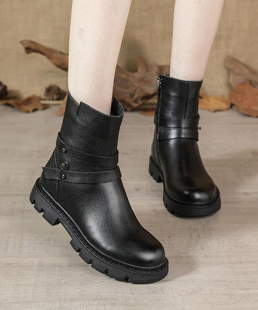 Black Genuine Leather Platform Flat Boots