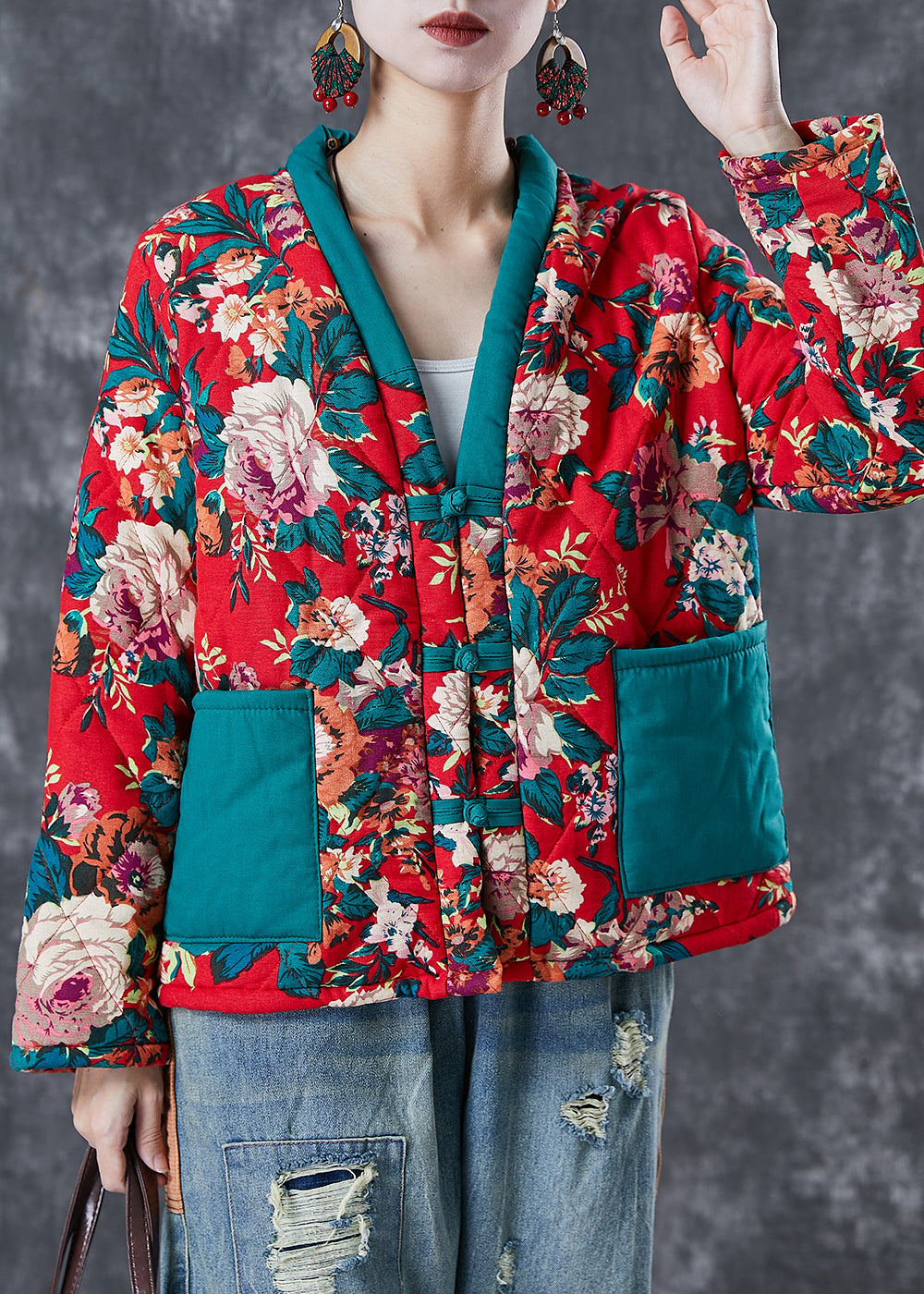 Red Print Patchwork Fine Cotton Filled Jacket Pockets in Winter