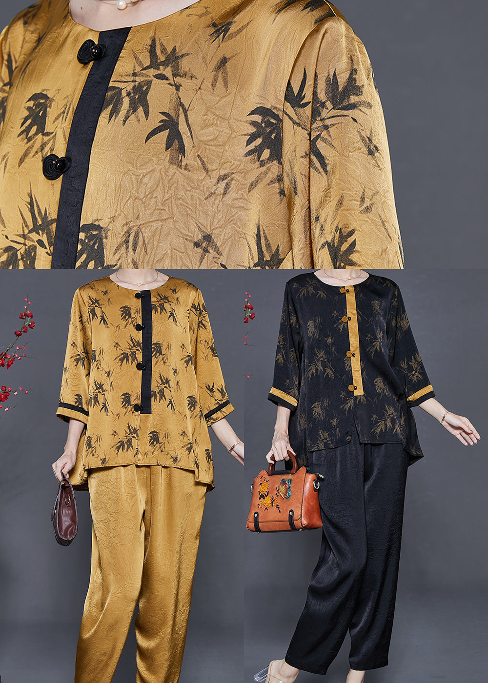 Black Oversized Print Silk Two Pieces Set Summer