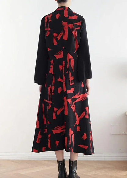 Classy Mulberry Print Peter Pan Collar Button Waistcoat Long Dress Fall Cotton Dress