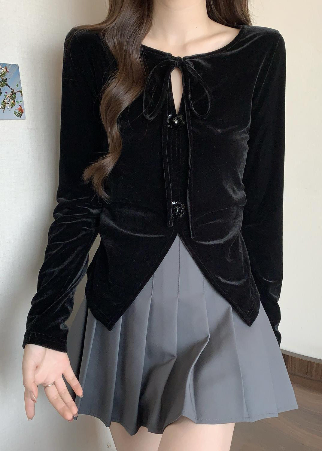 Black Side Open Flower Decorated Silk Velour Shirts Fall
