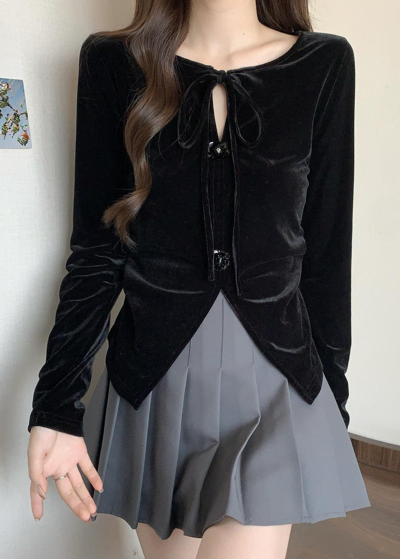 Black Side Open Flower Decorated Silk Velour Shirts Fall