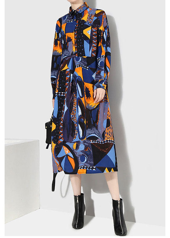 Italian Blue Button Tie Waist Peter Pan Collar Print Shirt Dresses Spring