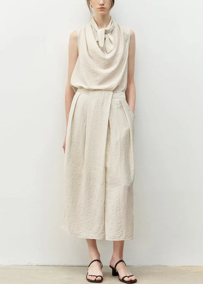 Blue Bow Asymmetrical Linen Top and Skirts Two Piece Set Sleeveless