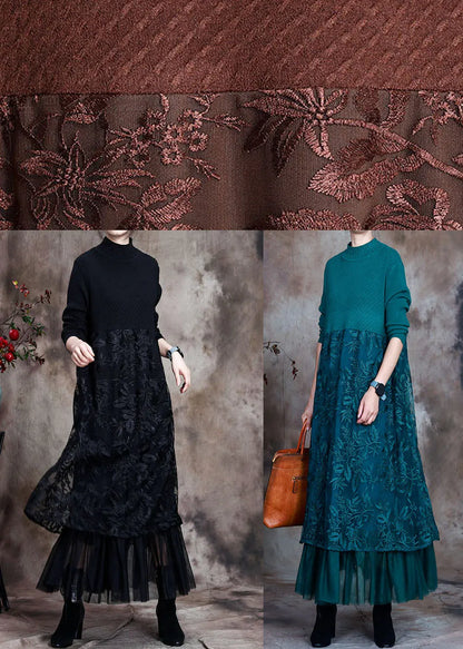 Black Knit Patchwork Asymmetrical Design Fall Knit Dress