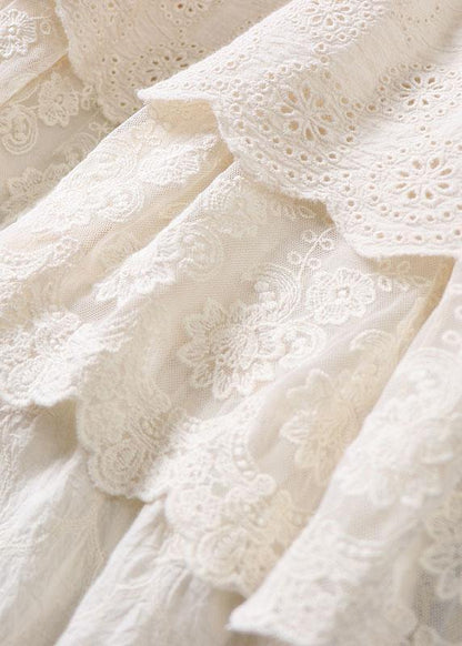 Beige Embroideried Wrinkled Patchwork Fall Tiered Skirts