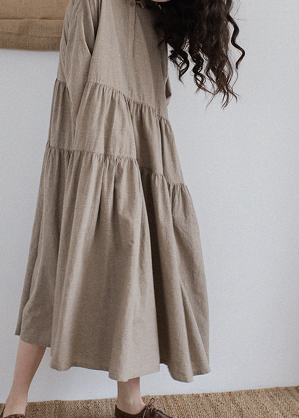 Khaki Pockets Wrinkled Patchwork Linen Dresses Fall
