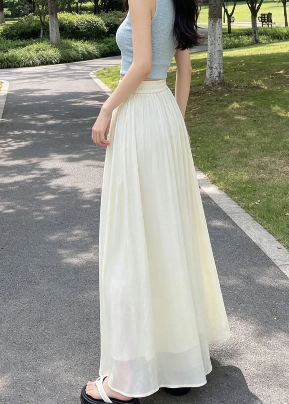 New Grey Elastic Waist Patchwork Linen Silk Wide Leg Pants Summer