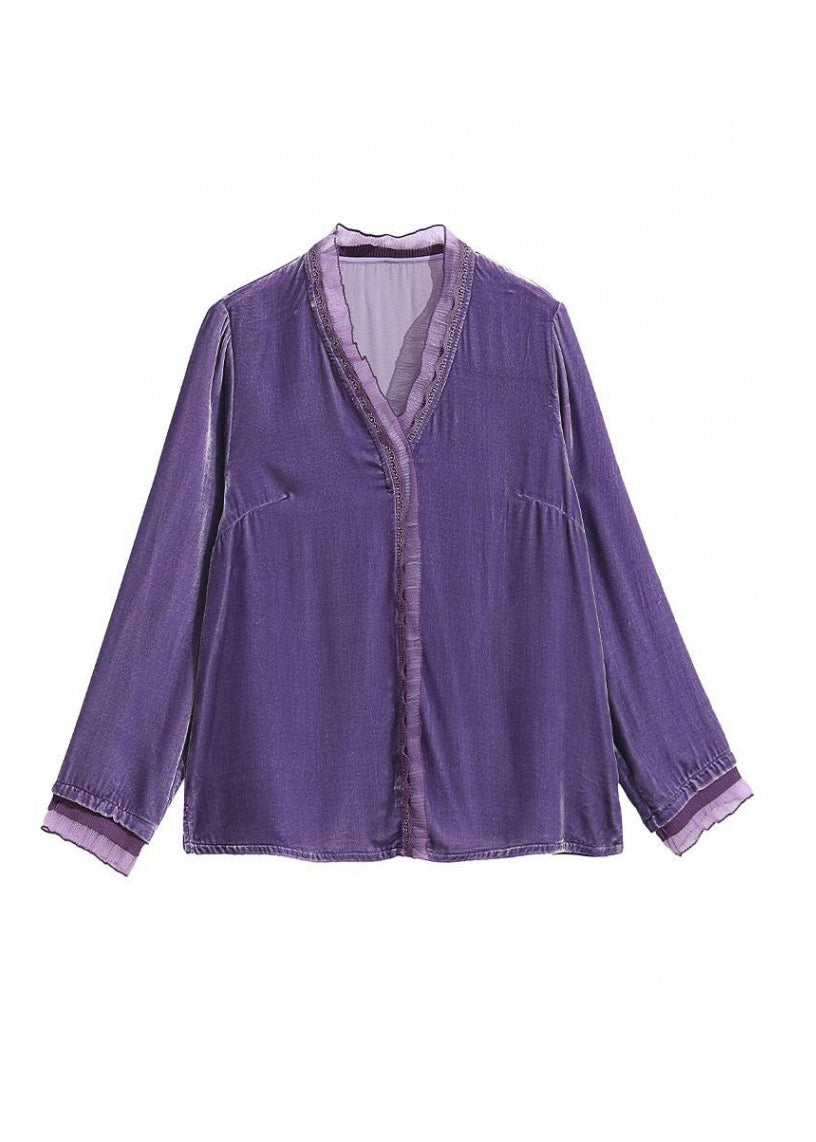 Purple V Neck Patchwork Velour Shirts Spring