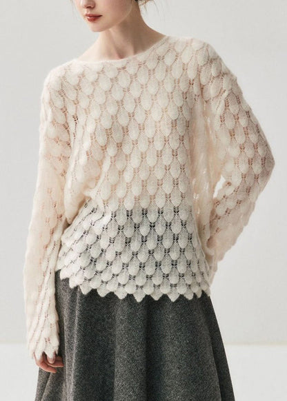 Light Blue Slash Neck Hollow Out Cotton Knit Sweater Fall