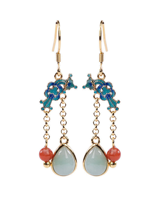 Blue Sterling Silver Gold Plated Cloisonne Jadeite Water Drop Jade Drop Earrings