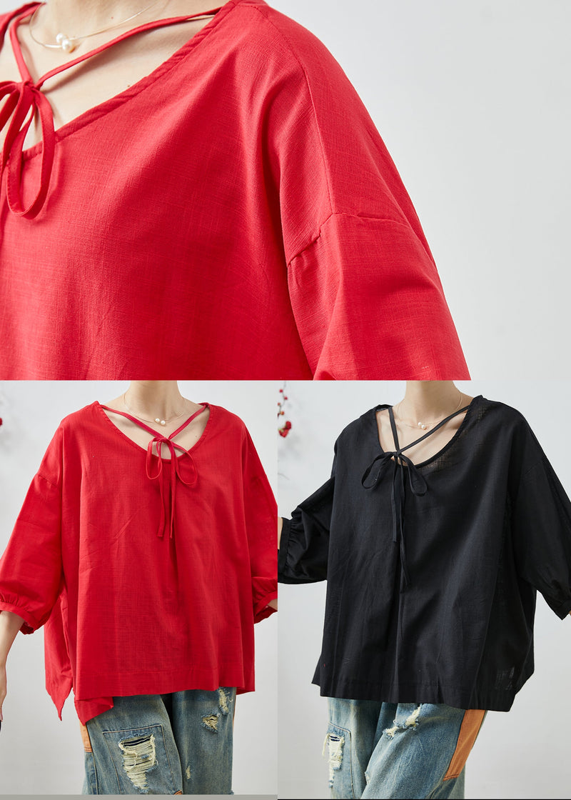 Red Oversized Cotton Shirt Tops Bracelet Sleeve