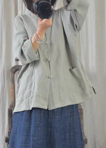 Oversized Chinese Button Pockets Linen Shirt Fall