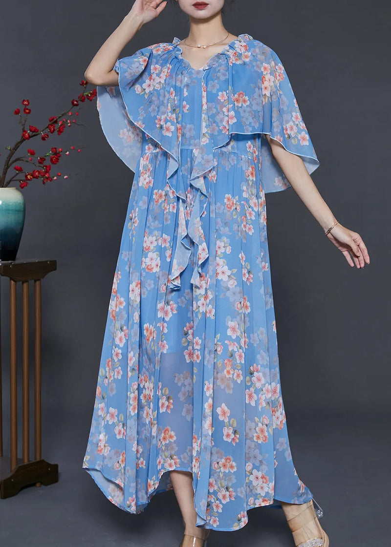 Diy Blue Ruffled Print Chiffon Vacation Dresses Cloak Sleeves